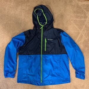 Columbia Men’s Navy Blue and Royal Raincoat with Green Accents XL